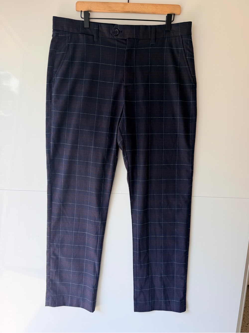 Percival Plaid Dress Pants Cropped Slim Fit Dark Blue Sz 36 Tailored Preppy Boho